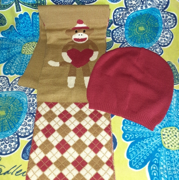 🐒 Sock Monkey Scarf & Hat Set New NWOT - Picture 2 of 5